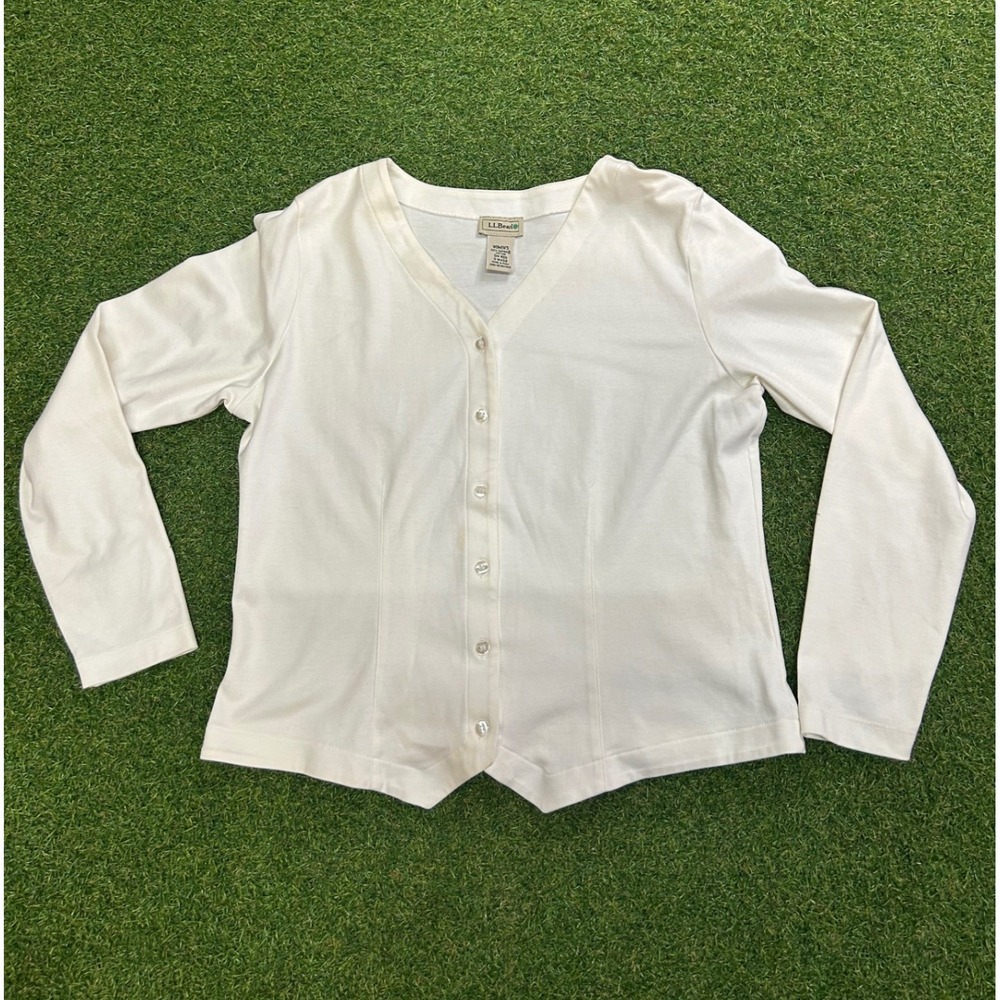 LL Bean Womens White Supima Cotton V-Neck Button Front Cardigan Sweater Small SM